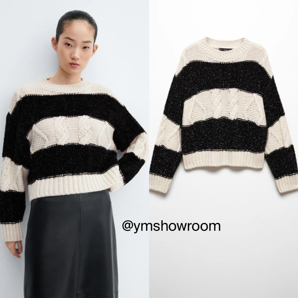 Mango Cream and Black Striped Cable-Knit Sweater